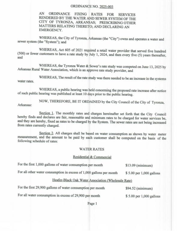 Water Rate Ordinance: 2025 - 003